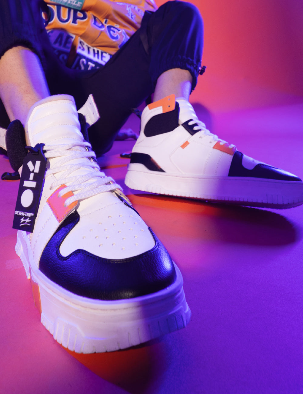 709 white orange high-top sneaker