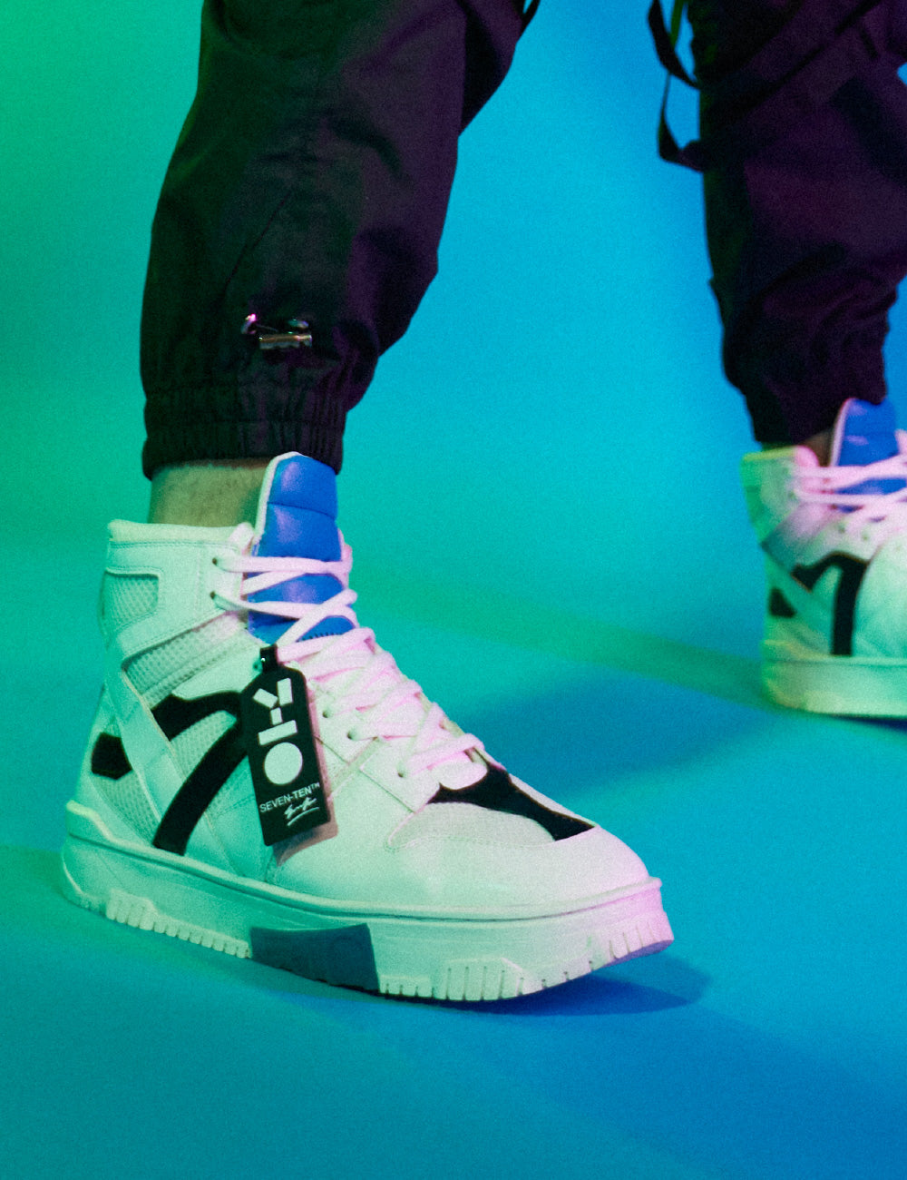 716 white blue technical high-top sneaker