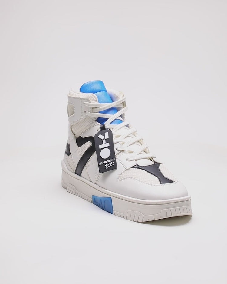 716 white blue technical high-top sneaker